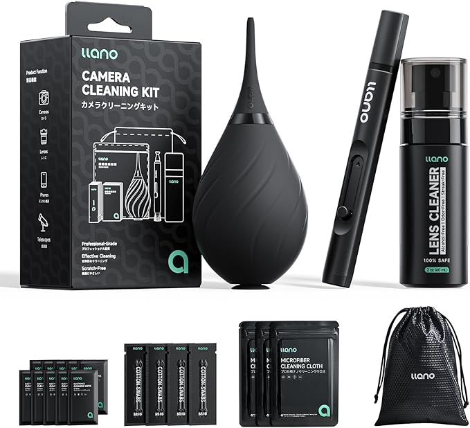 llano 7-in-1 Camera Lens Cleaning Kit with Cleaning Solution 60ml, Swab, Pen, Air Blower, Nano-Fiber Cloth, Wipes, Multifunctional Cleaning Kit for Computer PC MacBook iPhone Camera