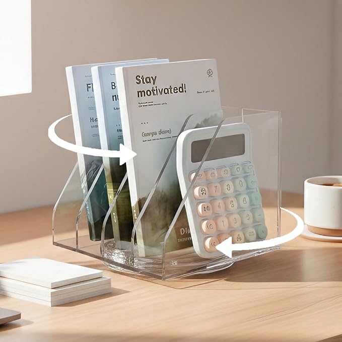 LIYAOLI Acrylic File Organizer with 4 Vertical Compartments, 360° Rotating Vertical Desk Organizer for Books, Folders, Magazines, Compact Clear Book Stand & Binder Holder for Office Desk Storage