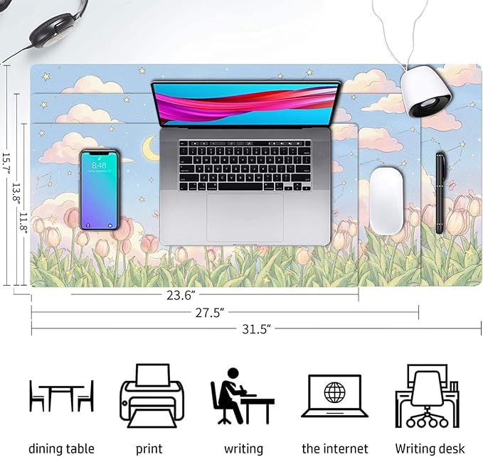 Cute Desk Mat, Kawaii Tulip Large Mouse Pad for Desktop, PU Leather Waterproof Desk Pad, Anti-Slip Computer PC Laptop Protector Gaming Mouse Pads for Office Home Decorations (31.5" x 15.7")