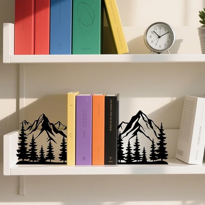 Metal Bookends Mountain Bookends Decorative Modern Book Ends for Shelves Bookshelf Home Office Desk Decorative Shelf Stoppers for Books Space-Saving Desk Organizer