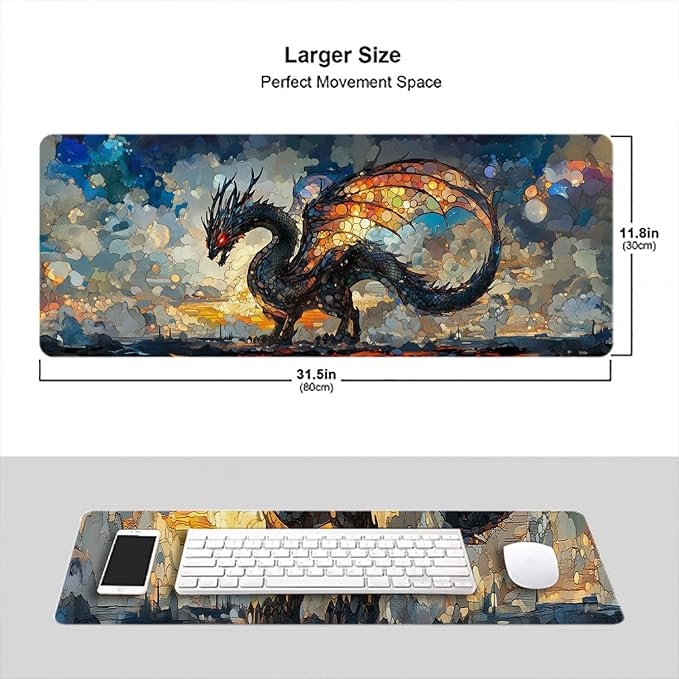Black Dragon Desk Pad Mouse Pad Stained Glass Fantasy Painting Epic Large Gaming Mouse Mat with Stitched Edges,Non-Slip Waterproof Rubber Base Mous Mat Office Computer Keyboard Laptop Home