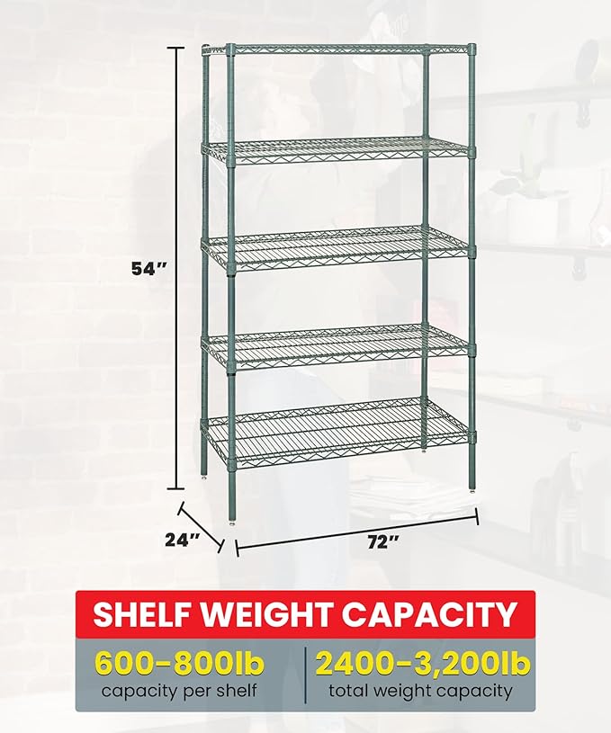 Quantum Storage Systems WR54-2472P-5 Starter Kit Wire Shelves Green Epoxy 5 Shelves 54" H x 72" W x 24" D