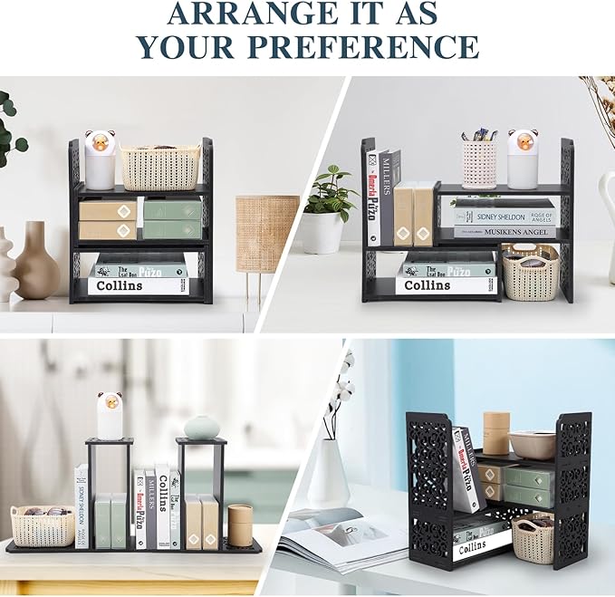 EARTHSON Desk Organizer Shelf, Expandable Bookshelf for Desk, Small Desktop Bookshelf, Mini Cute Adjustable Office Desk Shelves, Black