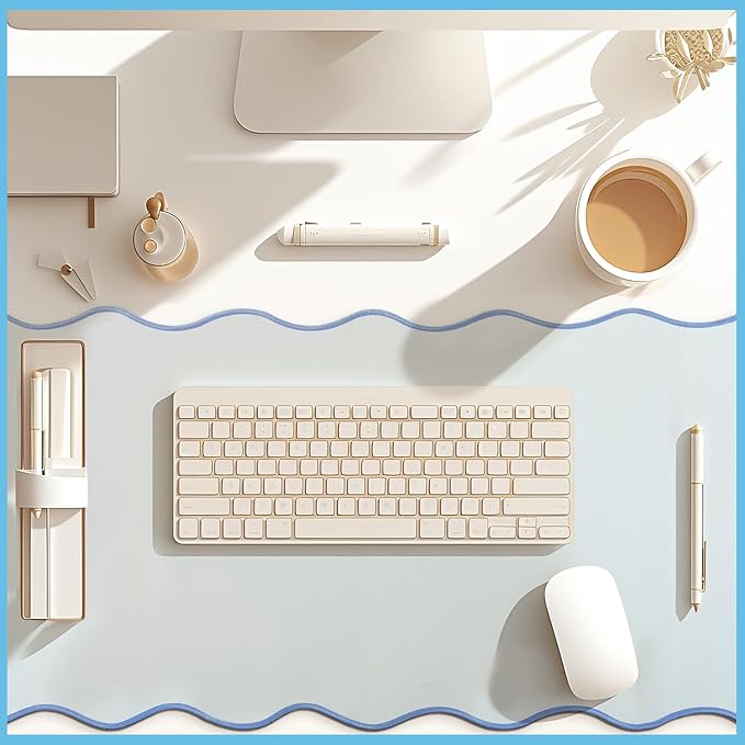 Hahafelt Scalloped Desk Mat Large Desk Pad Cute Coquette Table Mat Aesthetic Preppy Table Make up Pad Nonslip 2026 Graduation Gift with Stitching Waterproof Gaming(Blue,36 x 17 Inches)