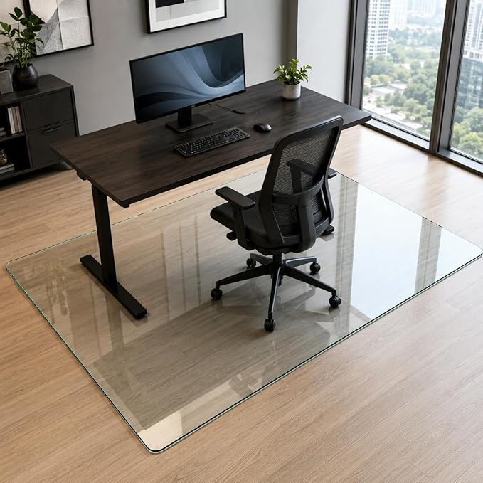 Tempered Glass Chair Mat 60" x 48" - 1/5" Thick, Heavy Duty, Anti-Slip Pads, for Office Chairs on Carpet or Hard Floorr with 4 Anti-Slip Pads, Rolling Glass Chair Mat