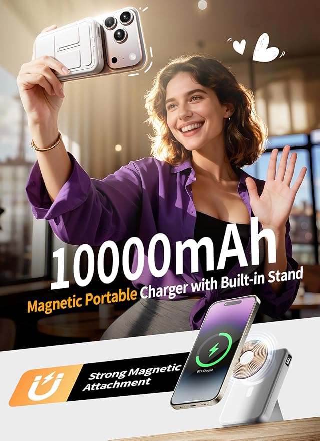Magnetic Portable Charger, 10000mAh Power Bank with Leather Foldable Stand - Travel Essentials, USB-C 20W Fast Charging for Magsafe Battery Pack, Compatible with iPhone 17/16/15 All Series