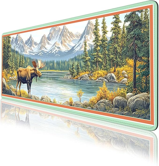 Moose Landscape Mouse Pad, Mountain Lake Gaming Desk Mat Waterproof Stitched Edges Rubber Base Non-Slip Deskmap Computer Keyboard Mat, 31.5x11.8in Desk Home Office Gaming