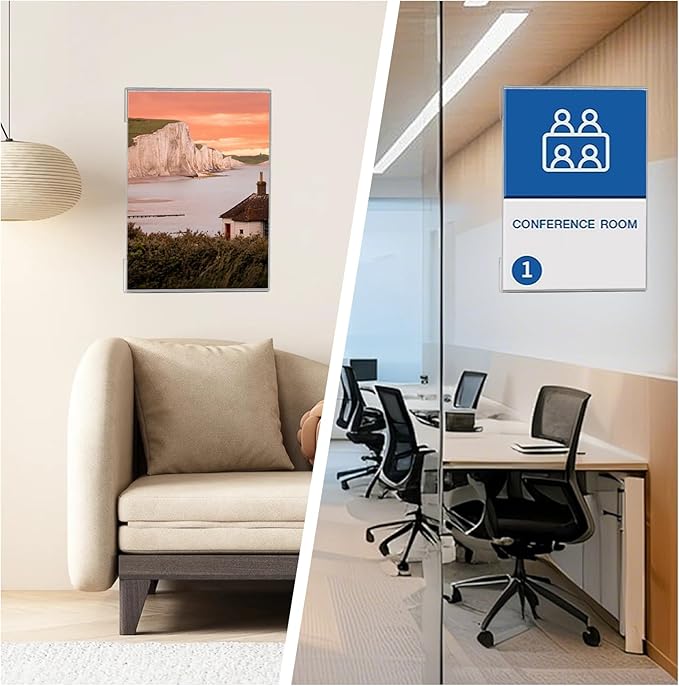 6 Pcs Acrylic Sign Holder 8.5 x 11, Vertical Wall Mount Sign Holders with Adhesive, Clear Plastic Frames Paper Display Sign Holders for Office, Home, Store, Restaurant - No Drilling