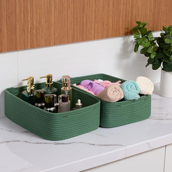 MiniArk Large Shallow Organizing Baskets 15x11x5.1 Inches - Rope Woven Storage Bins for Bathroom, Shelves, Cube Closet, Green 2 Packs