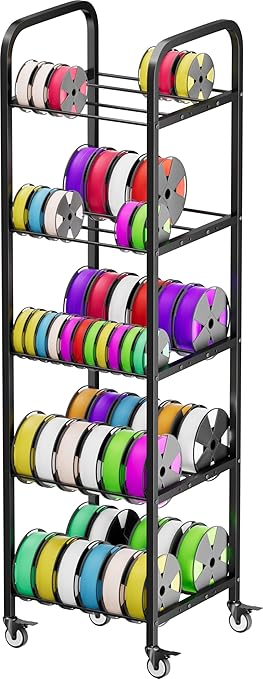 5-Tier 3D Printer Filament Storage Rack with Wheels, Rolling Spool Holder Stand Cart, Holds up to 60×1kg Spools, Heavy Duty Metal Filaments Organizer Shelf for Printing Studio Office Workshop