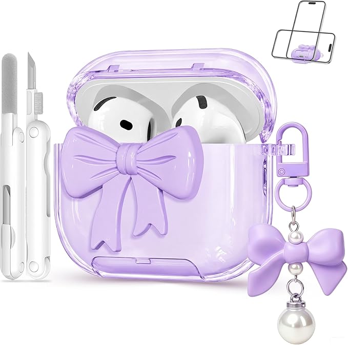 for Airpods 4 Case Pink 2024 with Safety Lock & Phone Stand, 3D Bow Clear iPod 4 Cases with Cute Keychain & Cleaning Kit, Soft TPU Cover for AirPods 4th Generation Case Girls Women (Purple)