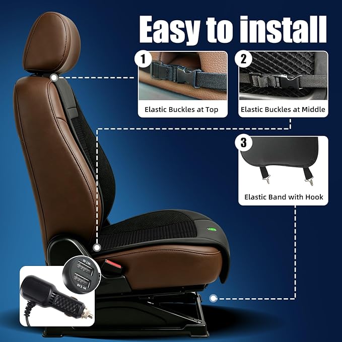 Cooling Seat Cover for Cars, Ventilated Car Seat Cover for Suction, 12V 3-Speed Cooling Seat Cushion with 2 Fans, Universal Fit for Car SUV Truck Home Office, Non-Slip Breathable Ice Silk & Leather