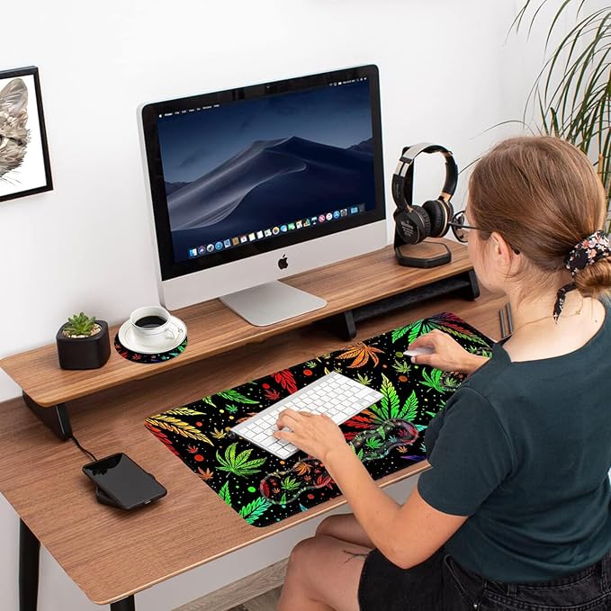 Ergonomic Mouse Pad Set with Wrist Support for Keyboard and Wrist Rest for Mouse, Memory Foam Comfort, Non-Slip Large Desk Mat for Home Office Pain Relief,Psychedelic Weed Leaf
