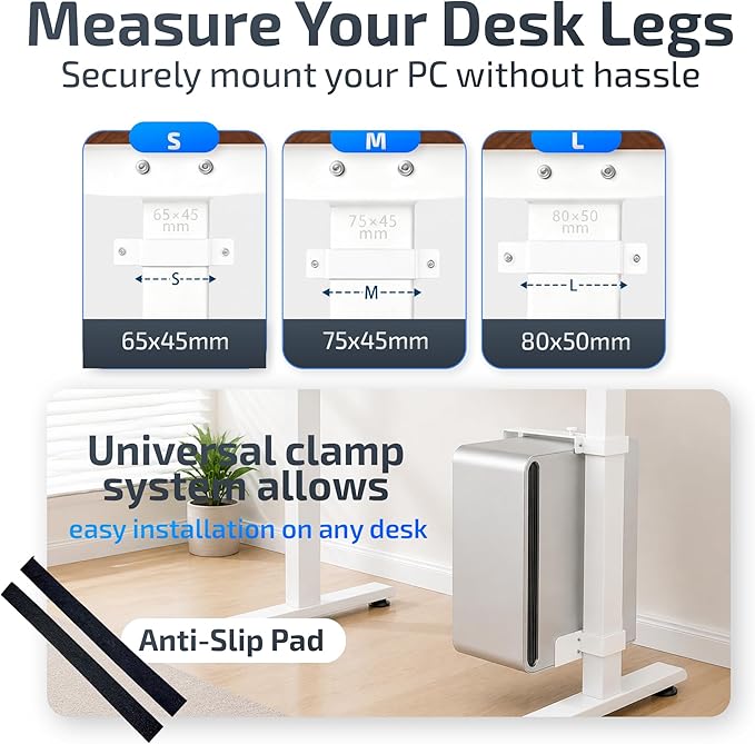 DEHAGLOBAL Clamp Mount Under Desk Pc Mount, Adjustable Height and Width No Drilling 50 lb Capacity with Non-Slip Pads & Cable Organizer for Standing Desk (White, 80mmx50mm)