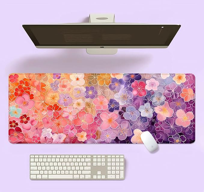 Colorful Flower Large Mouse Pad for Laptop, Pink Purple Red and Gold Pattern Desk Mats for Desktop, Watercolor Beautiful Floral Computer Desk Pad, Non-Slip Rubber Base Desktop Mat, 31.5 x 11.8 inches