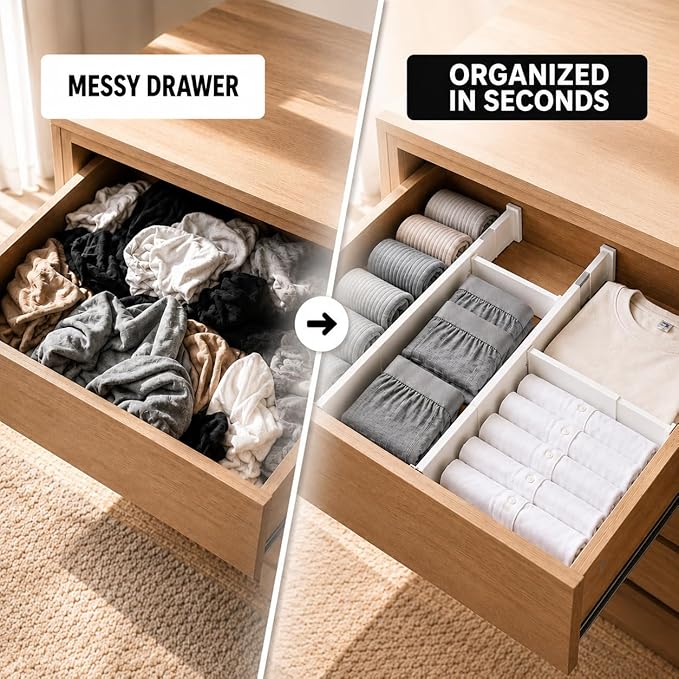 Adjustable Drawer Dividers – Expandable 14.7–21” Drawer Organizer with Non-Slip Ends, Easy Install for Kitchen, Dresser & Closet Storage (“White”)