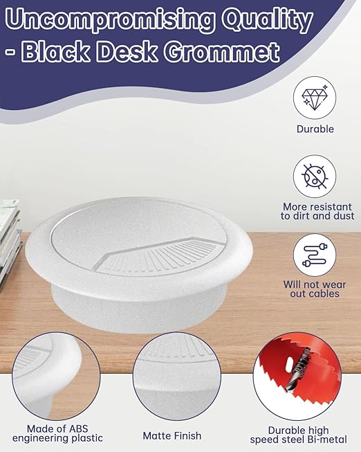 Desk Grommet 2 inch (50 mm) 10 Pack - White ABS Plastic Cable Hole Cover with Hole Cutter for TV, Office, and Home Table - Hide Wires Behind Wall, TV Wall Cable Pass Through