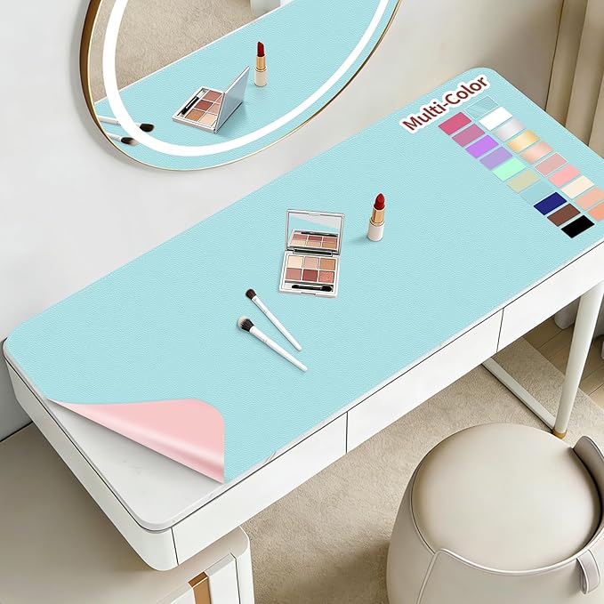 Makeup Mat for Vanity to Protect Desk Top 31.5 x 15.7 in, Dual-Sided Makeup Mat, Easy to Clean Desk Pad - Waterproof and Oilproof Vanity Accessories (Blue and Pink)