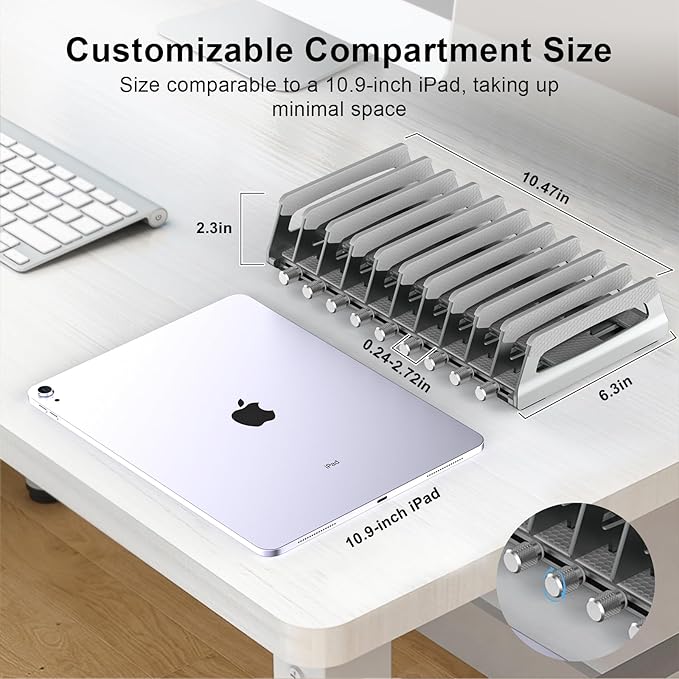 Elestoria 10-Slot Vertical Laptop Stand & Holder – Adjustable Aluminum Laptop Stand Vertical for Desk Fits 10 Devices, MacBook & Gaming Laptops (Up to 17.3”) – Space Saving Laptop Storage Rack - Grey