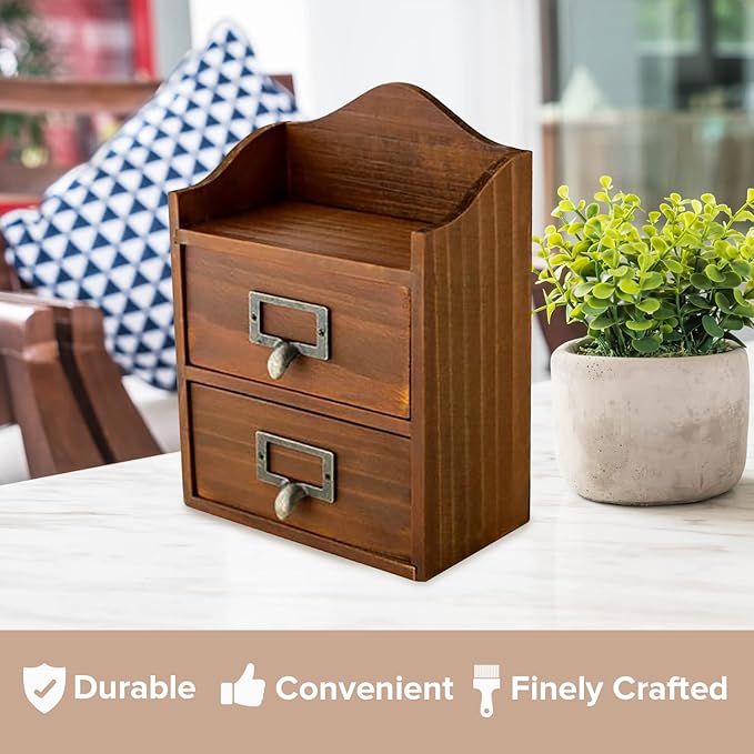 Mini Vintage 2 Drawer Desktop Organizer - Rustic Card Catalog with Label Holders - Small Chest for Organization - Library Box - Wood Table Cabinet Top Vertical Storage Bin