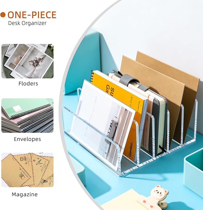 Clear Acrylic Desk Organizer – 5 Compartment Mail Holder & Letter Sorter for Office, Bills, Documents, Notebooks – Modern Vertical File Rack for Home