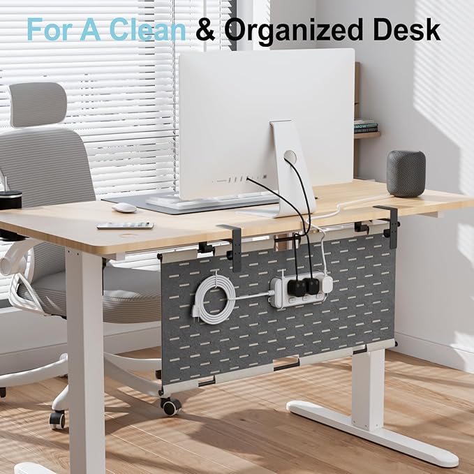No Drill Under Desk Cable Management Tray, 30" Felt Cord Organizer for Table, Clamp/Screw Mount Wire Management with Privacy Panel for Standing Desk & Home Office (Khaki/Gray)