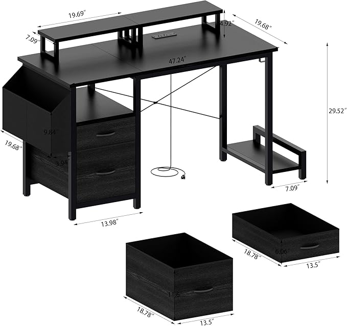 Home Office Desk with Side Pocket and Drawers, Modern Computer Desk for Small Space Bedroom, 47 Inch Gaming Desk with Power Outlet & 2 Movable Monitor Shelves (Black)