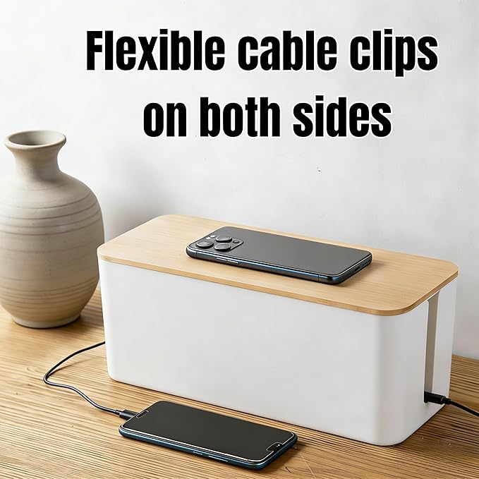 1Large+1Small Cable Organizer Set with 4 Silicone Cable Ties, 2-Piece Cable Management Box, Bamboo Lid Cord Organizer for Home Office,Set of Two Cable Box,Cable Organizer Box(Bamboo lid/White)