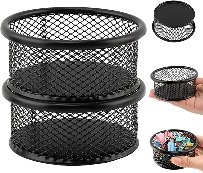 Paper Clip Holder, Stackable Mesh Desk Organizer, 4 Pack Black Metal Dispenser Organizer Box for Desk Office Binder Supplies & Small Accessories(SIZE:Round)