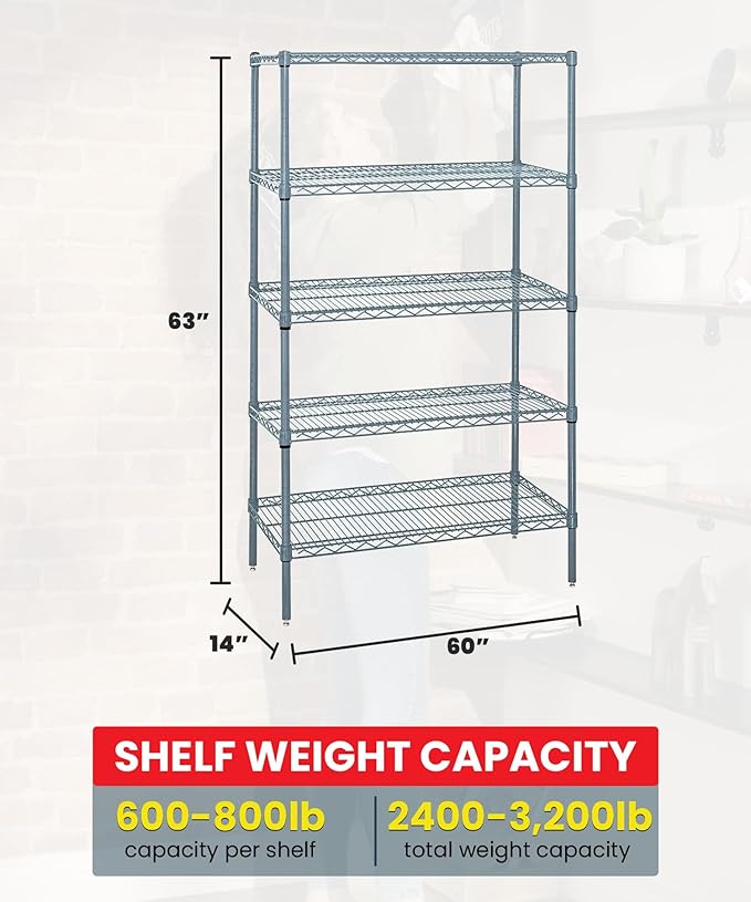 Quantum Storage Systems WR63-1460GY-5 Wire Shelving 5 Shelf Starter Units, 14" x 60" x 63", Gray Epoxy