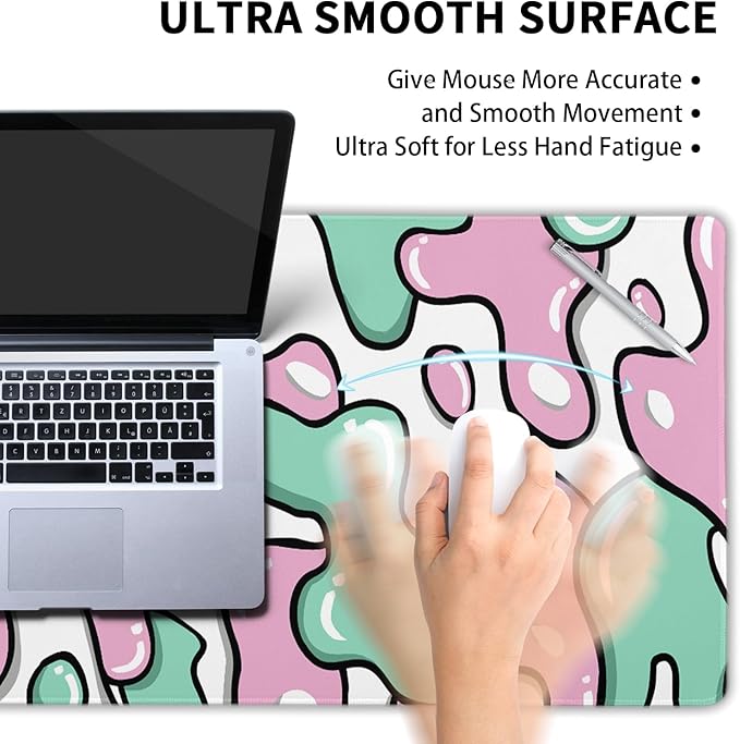 Pink Green White Mouse Pad 35.4”x15.7” Anime Cool Geometric Japanese Desk Mat Extended XXL Mouse Pad Non-Slip Rubber Base Stitched Edge Keyboard Mouse Mat Laptop Desk Pad Large for Working