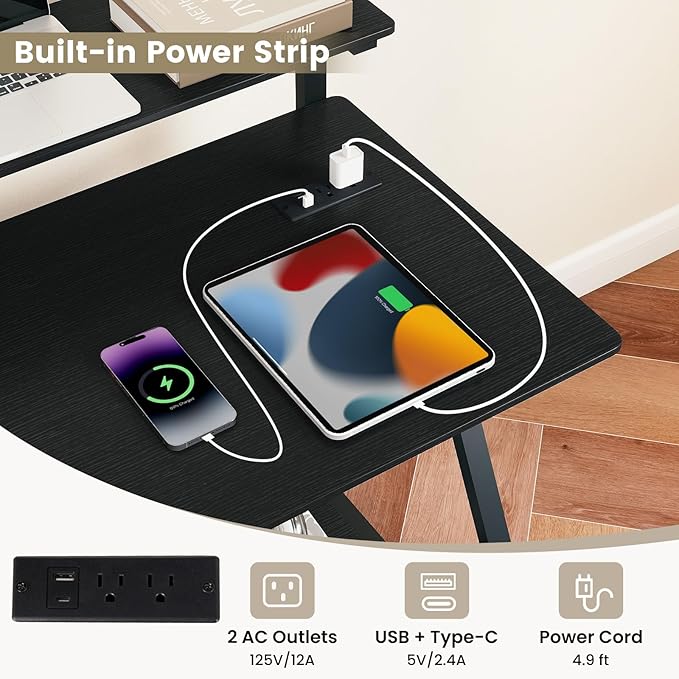 Tangkula Rolling Computer Desk Cart with Power Outlets, 32" Mobile Portable Laptop PC Desk with Monitor Stand, CPU Stand & Storage Shelf, Compact Small Desk on Wheels for Small Space (Black)