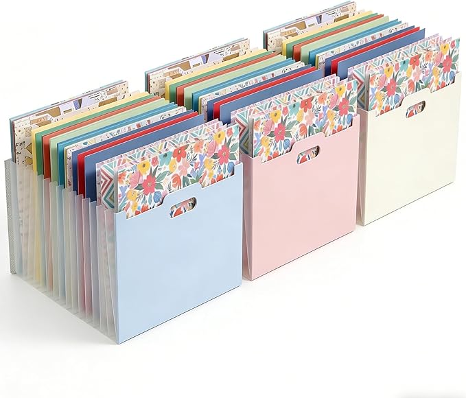 12x12 Scrapbook Paper Storage Organizer with 13 Expandable Pocket, Large Scrapbook Paper Storage for Craft Room Sticker Storage and Organization, Desktop Paper Holder (3 Pcs, Blue+Cream+Pink)