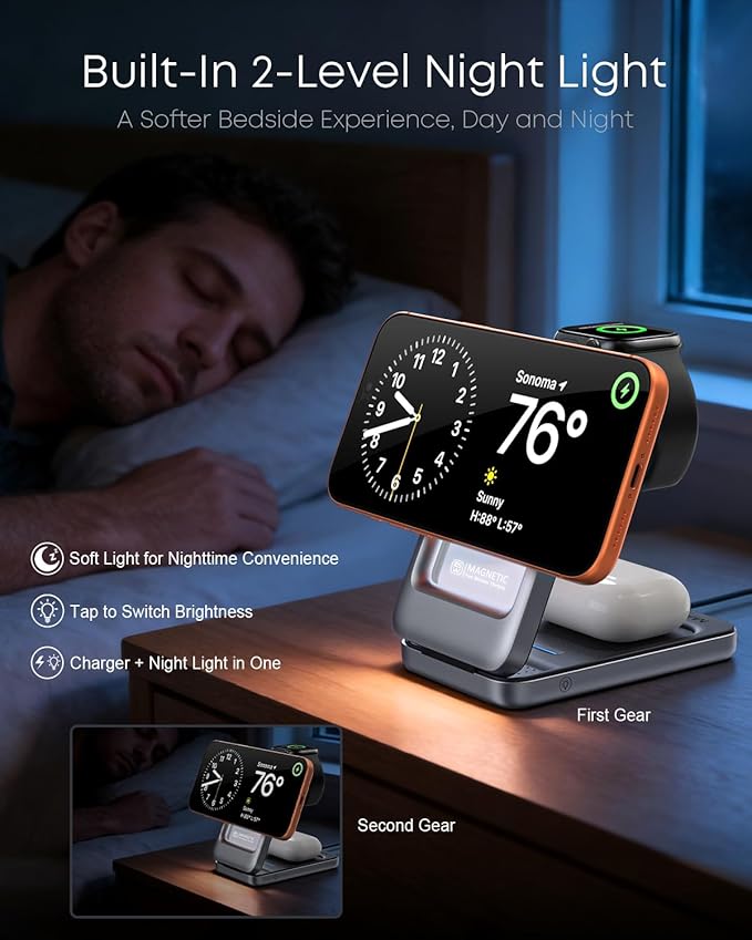Qi2.2 25W 3-in-1 Foldable Magnetic Wireless Charging Station with 2-Level Night Light, Phone Charger Stand Compatible with iPhone 17/16/15/14/13/12, Apple Watch & AirPods, 45W Adapter Included
