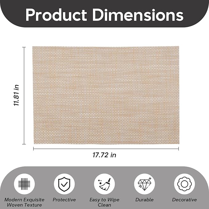Placemats Set of 4, Heat Resistant Place Mats, Washable PVC Table Mats, Woven Vinyl Plastic Placemats for Dining Table, Non-Slip Stain Resistant Kitchen Table Placemats Easy to Clean?Beige?