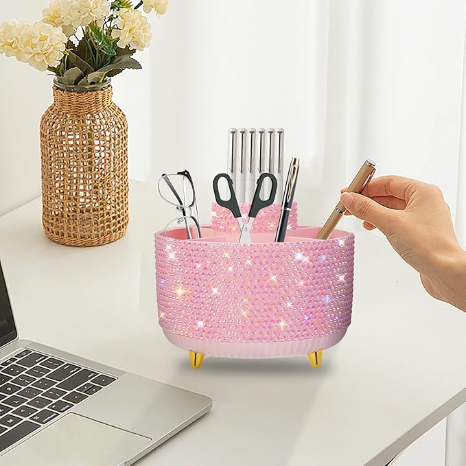 Bling Pink Rhinestone Desk Organizer with 5 Slots 360 Degree Rotating, Bling Pen Holder Makeup Brush Holder for Women, Pink Rhinestone Office Accessories