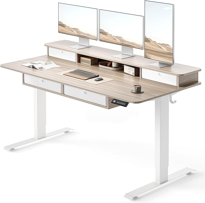 FEZIBO 55 x 30 inch Standing Desk with Drawers, Height Adjustable Electric Workstation, Computer Sit Stand Up Table with Large Storage Shelf 4 Drawers and 2 Hooks, Light Rustic Brown