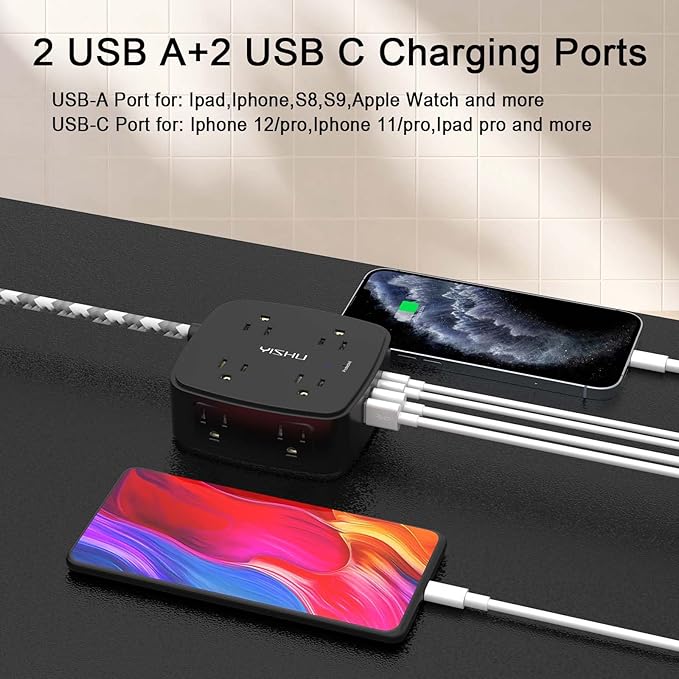Surge Protector Power Strip - YISHU 8 Outlets with 4 USB (2 USB C) Charging Ports, 6Ft Braided Extension Cord, Flat Plug Multi Plug Outlet Extender Charging Station for Home Office, ETL, Black