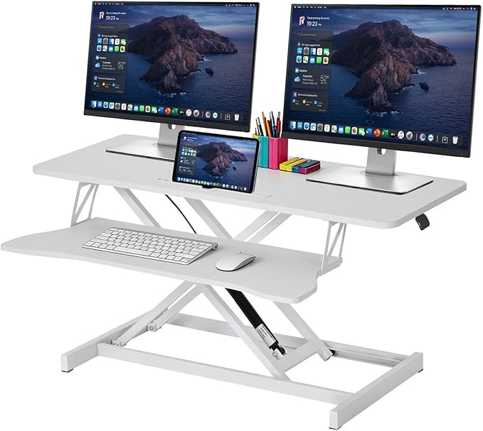 37" Height Adjustable Standing Desk Converter, Two Monitor Stable Stand up Desk Converter, 5.9"-18.8" Height Adjustable Laptop Workstation with Keyboard Tray, Desktop Riser for Home and Company