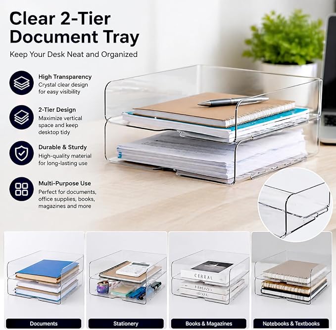 DCA Large Capacity Desk Organizer, 2 Tier Paper Organizer, Letter Tray File Organizer for Desk, Stackable Paper Tray for Office, Home and School