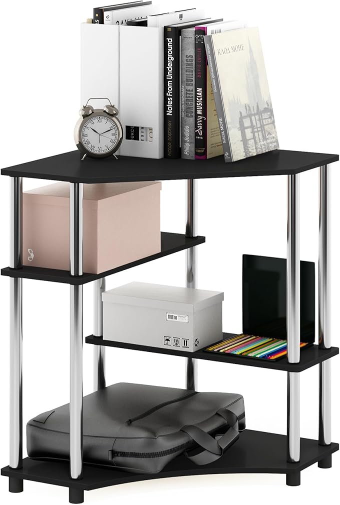 Furinno TURN-N-TUBE Desk, Corner Gaming Desk with Storage Shelves, Corner Computer Desk, Office Desk for Home Office, Bedroom, Americano/Stainless Steel Tubes