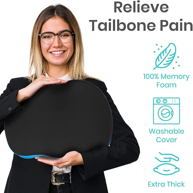 Vive Tailbone Pain Relief Cushion - Memory Foam Seat Pillow for Wheelchairs - for Sciatica, Coccyx, Back Pain, Pressure Relief - Comfort for Long Sitting - Elderly Chair Cushion for Support