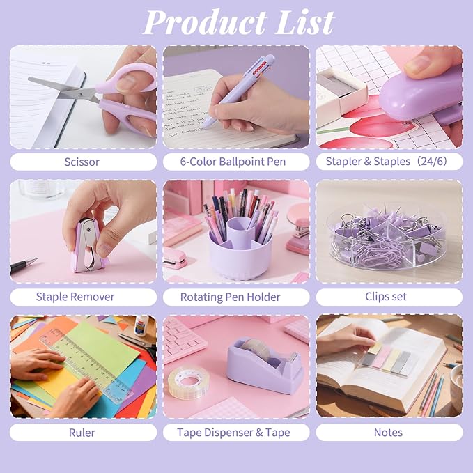 Purple Desk Accessories, 11Pcs Desk Organizer with 360°Rotating Pen Holder, Stapler, Staples, Staple Remover, Pen, Ruler, Tape Dispenser, Tape, Clips, Scissor, Notes, Office Supplies