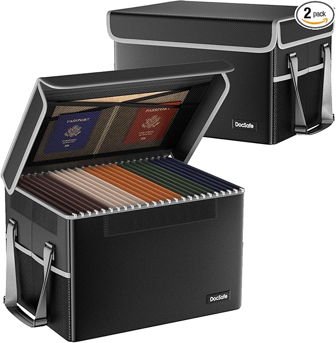 DocSafe File Box Fireproof File Storage Organizer with Lid,Collapsible Document Storage Filing Case for Hanging Letter/Legal Folders,Portable Home Office Safe Cabinet with Handle,Black,2 Pack