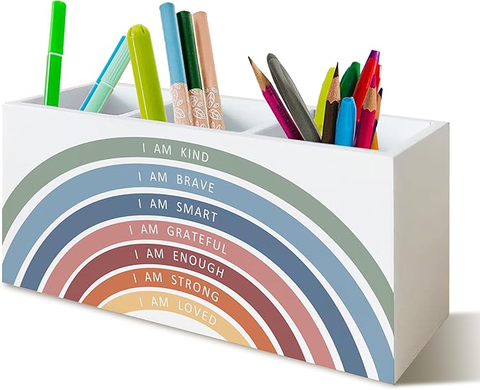 Boho Rainbow Teacher Classroom Decor Wooden Pen Pencil Holder for School Classroom Office Desk, Back to School Supplies for Teachers, Inspirational Teachers Gifts