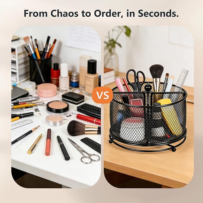 360°Rotating Desk Organizer, Pen Holder for Desk with 4 Compartments, Silverware Organizer for Kitchen Counter,Vanity Makeup Brush Stand, Multi-Functional Pencil Holder for Supplies