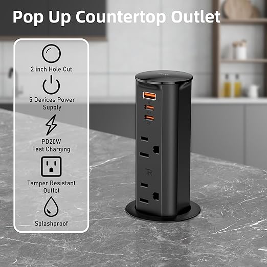 ANNQUAN 2 Pack 2 inch Space Saver Pop Up Outlet for Countertop with PD20W USB Ports,2 Outlets Tamper Resistant,Splashproof Pop Up Socket (ETL Listed)