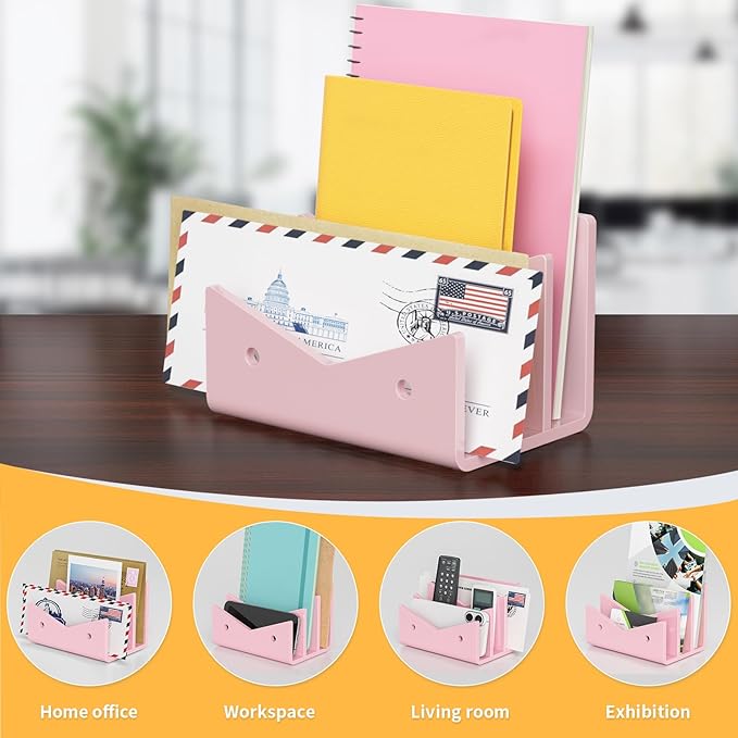Mail Organizer Envelope Holder - 3 Compartments Pink Acrylic Mail Holder Countertop Vertical Desk Organizer Small File Bill Document Notebook Letter Sorter for Home School Office Supplies