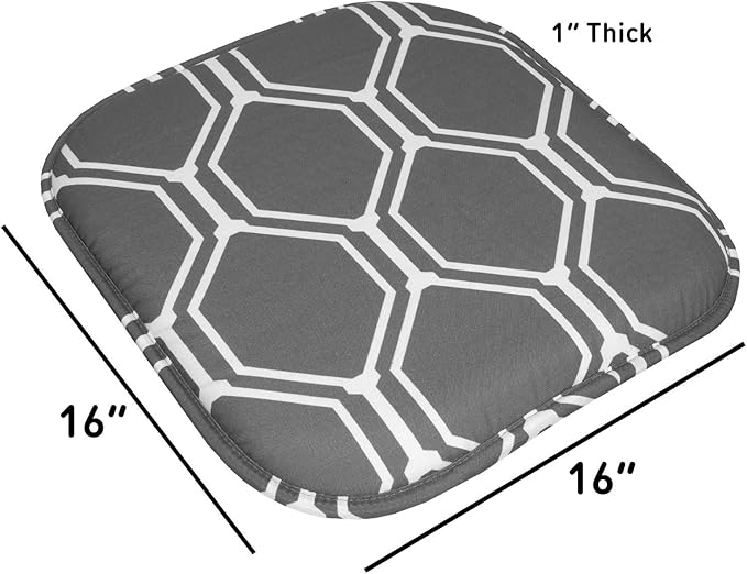 Sweet Home Collection Chair Cushion Memory Foam Pads Honeycomb Pattern Slip Non Skid Rubber Back Rounded Square 16" x 16" Seat Cover, 6 Pack, Mirage Gray/White