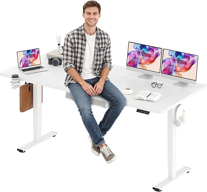 SANODESK Electric Standing Desk 79 x 32 Inches, Height Adjustable Sit Stand with Large Splice Board Desktop for Home Office, Computer Workstations，Memory Ergonomic Computer Desk, White Frame/White Top